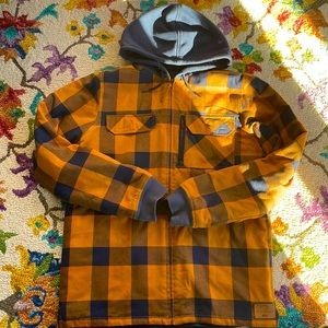 Quicksilver insulated sweatshirt, small mens sweatshirt, orange and blue plaid.